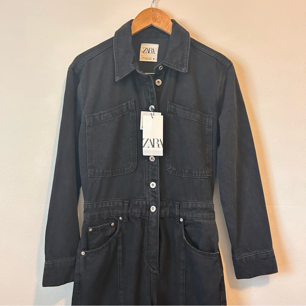 New! Zara Medium Women’s The Dorian Black Denim Jumpsuit - Picture 7 of 16